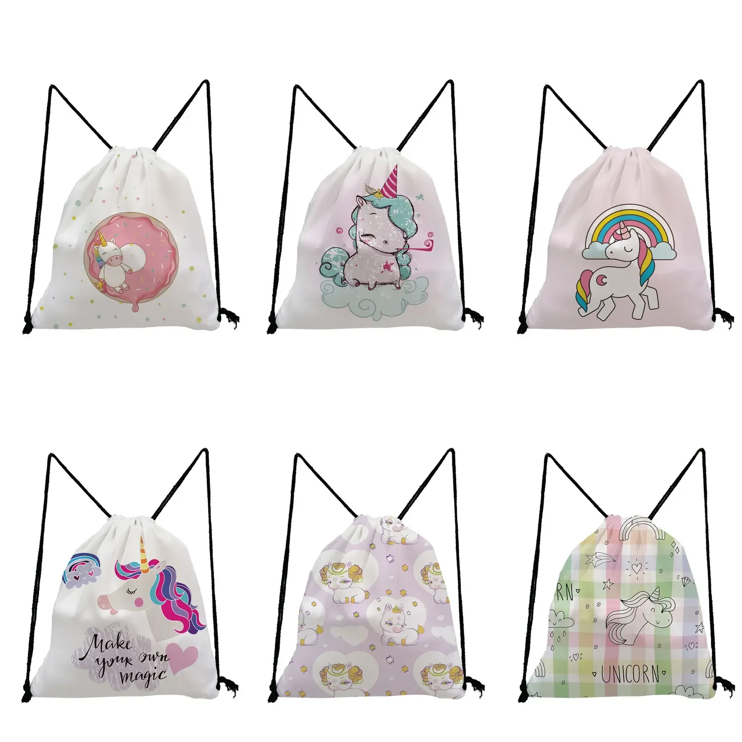 Cute Animal Backpack Donut Unicorn Printed Drawstring Bags Casual Unisex Book Bag High Capacity Shoe Bag to School Storage Bag