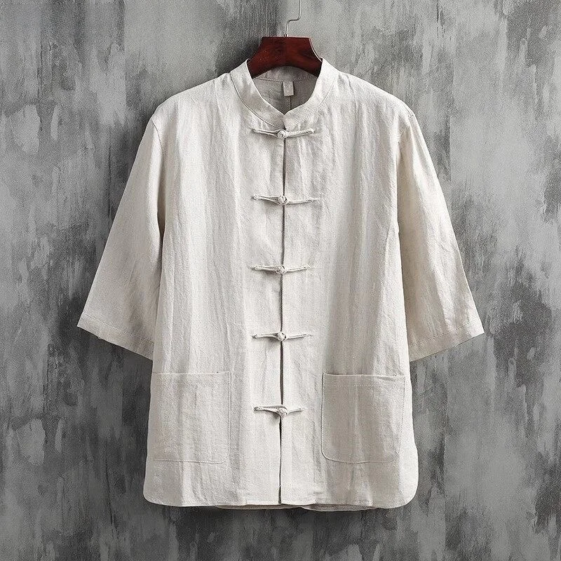

Новая летняя мужская рубашка из хлопка и льна свободного кроя с коротким рукавом, воротником-стойкой, тонкая, с двумя карманами, повседневная, в традиционном китайском стиле
