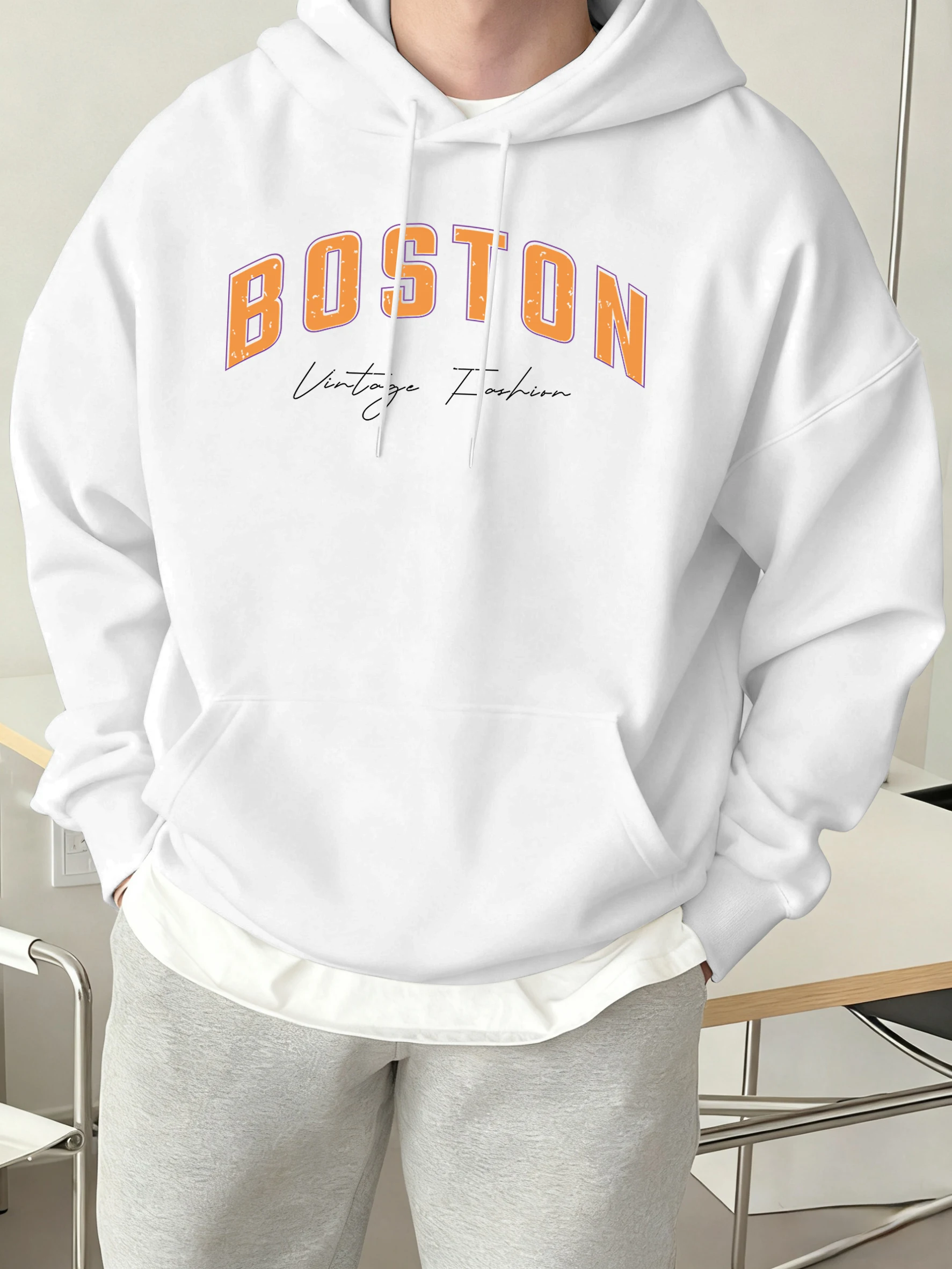 Boston Vintage Mode Druck Männer 12 Farben Hoody Herbst Warme Sweatshirts Fleece High Street Sportswear Tasche Lose Mann Kleidung