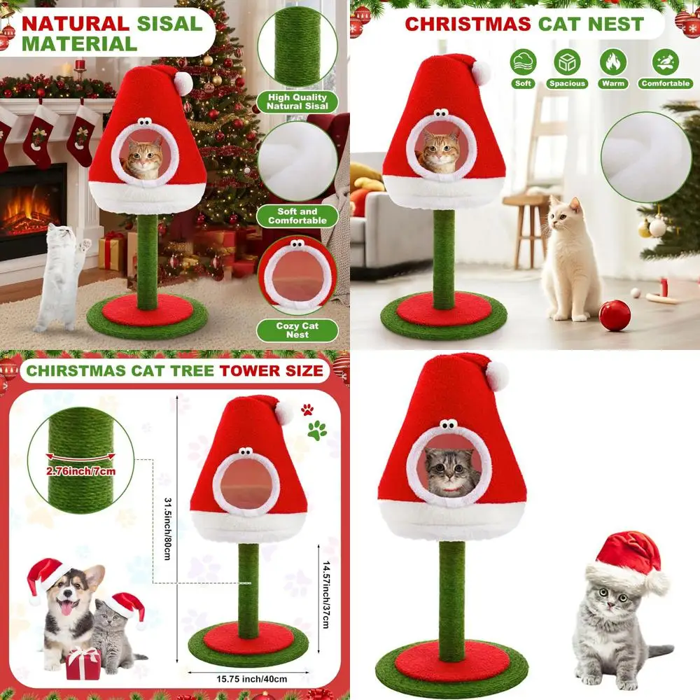 

Рождественская башня для кошек диаметром 36,6 дюйма с когтеточкой для кошек и красным домиком, высокая башня на дереве, натуральная сизалевая рождественская шапка, царапины