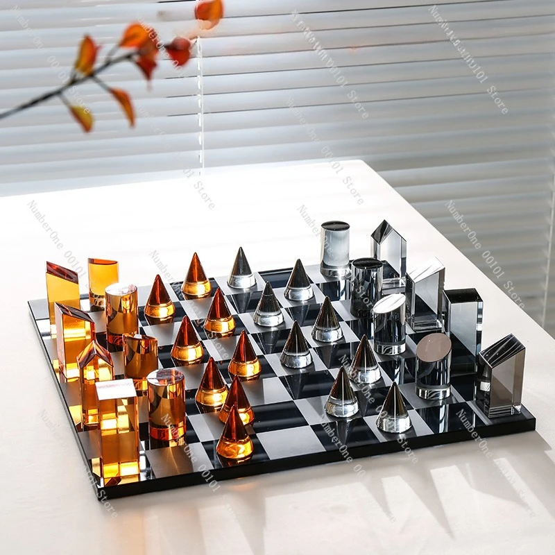 European Design Crystal Chess Decor, Light Luxury Resin Chess Pieces Home Ornament for Living Room Coffee Table