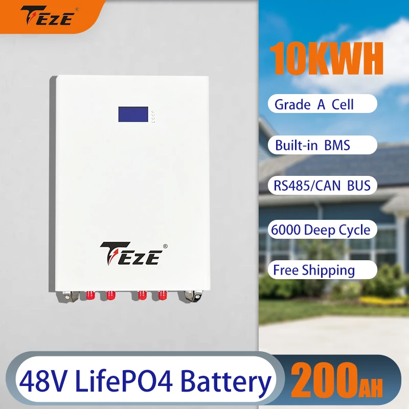 

Аккумулятор TEZE LiFePO4 48/51, 2 в, Ач, 10 кВтч, Powewall 100-200A, Встроенный BMS литиевый аккумулятор RS485/CAN/Bus для домашнего хранения энергии