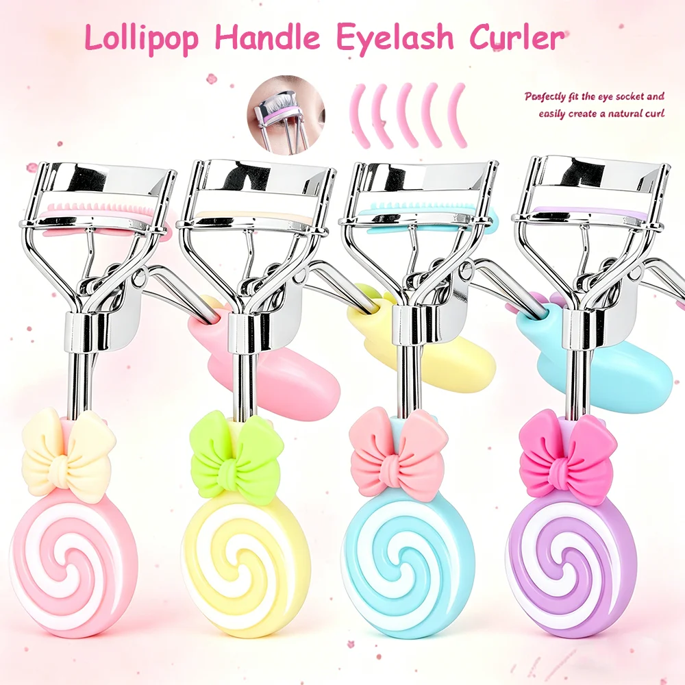 Cute Lollipop Handle Eyelash Curler Natural Long-Lasting Lash Curler for Beginners with Replace Adhesive Tape for All Eye Shapes