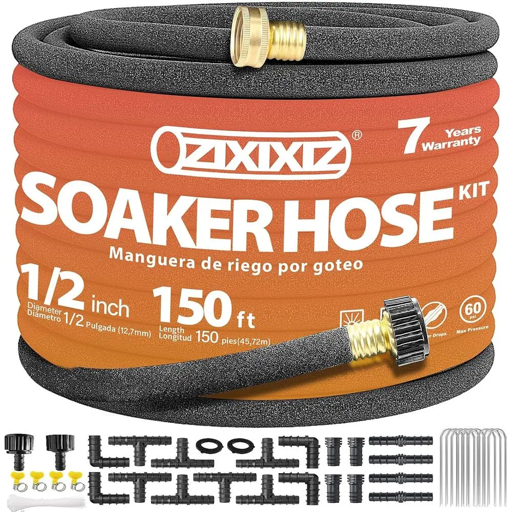 

150FT Heavy-Duty 1/2 Inch Soaker Hose with 3/4 Inch Solid Brass Connector - Leakproof Garden Watering System for Gardens, Lawns,