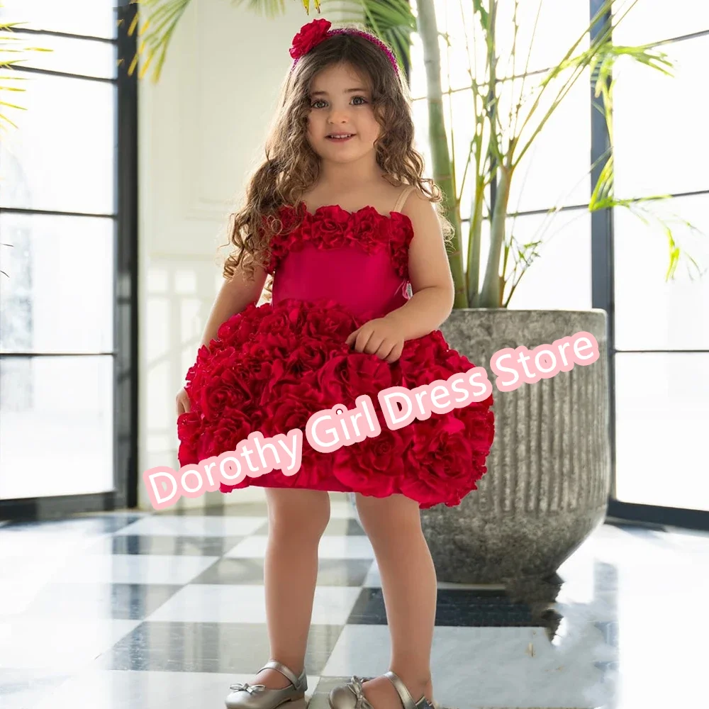 Cute Red Spaghetti Strap Flower Girl Dresses Ball Wedding Party Gorgeous Birthday Beauty Pageant Communion Dresses