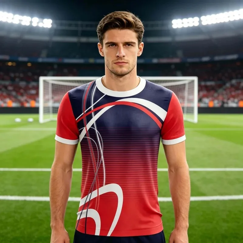Men's Short Sleeve Sports T Shirt Dark Navy Blue Red Gradient Fluid Lines Printed Round Neck Urban Style Gym Breathable Basic Te