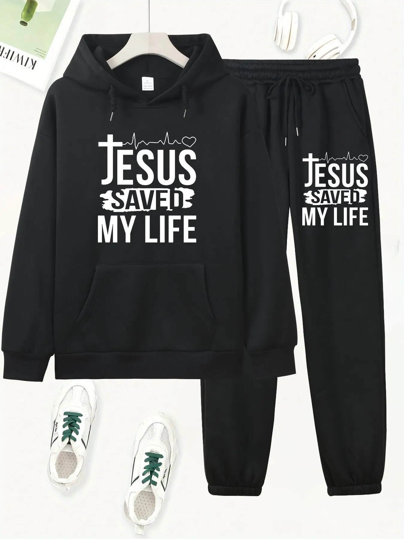 Felpa con cappuccio allentata autunno e inverno da donna + pantaloni della tuta set hip-hop street casual JESUS lettera stampata abbigliamento caldo alla moda