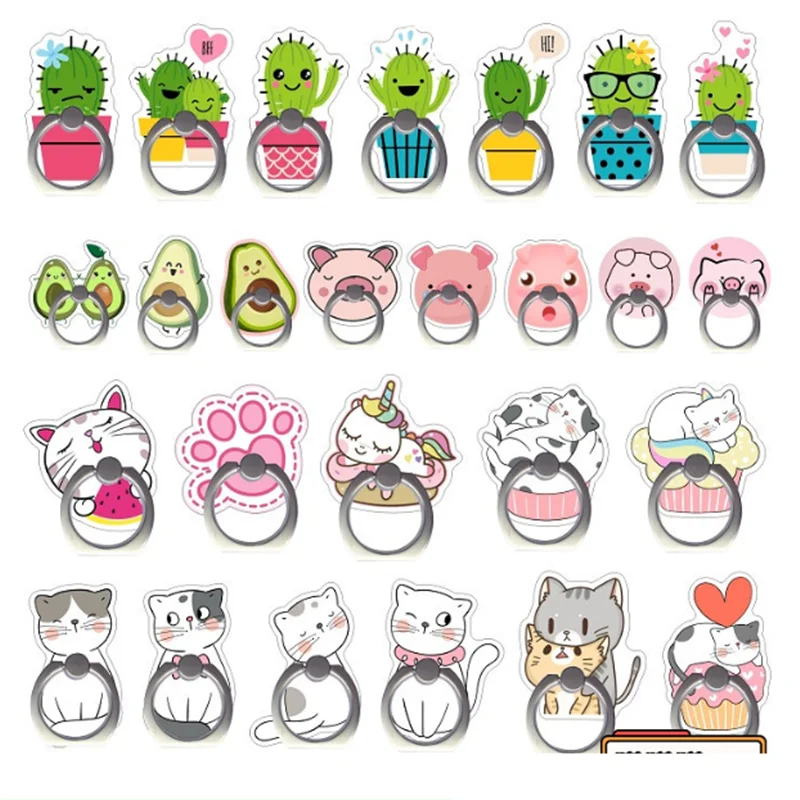 Cactus Cat Pig Avocado Rotatable Finger Ring Mobile Phone Holder Stand For Universal Mount Phone Back Sticker Pad Bracket