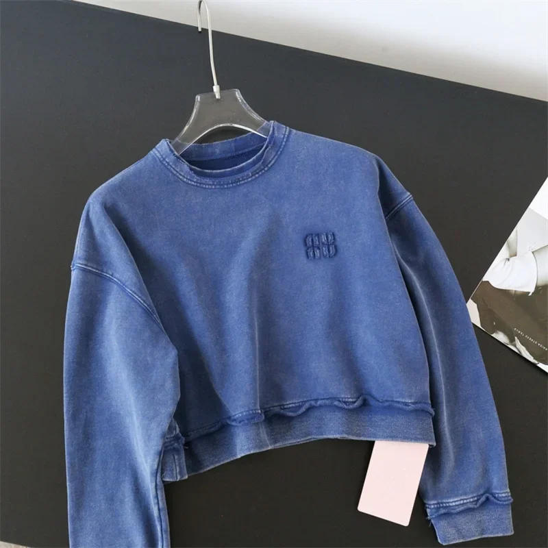 Retro Style Couple Make M277852 Old Blue Crew Neck Sweater Autumn Winter Loose Solid Color Curling Terry Women\'s Long Sleeves