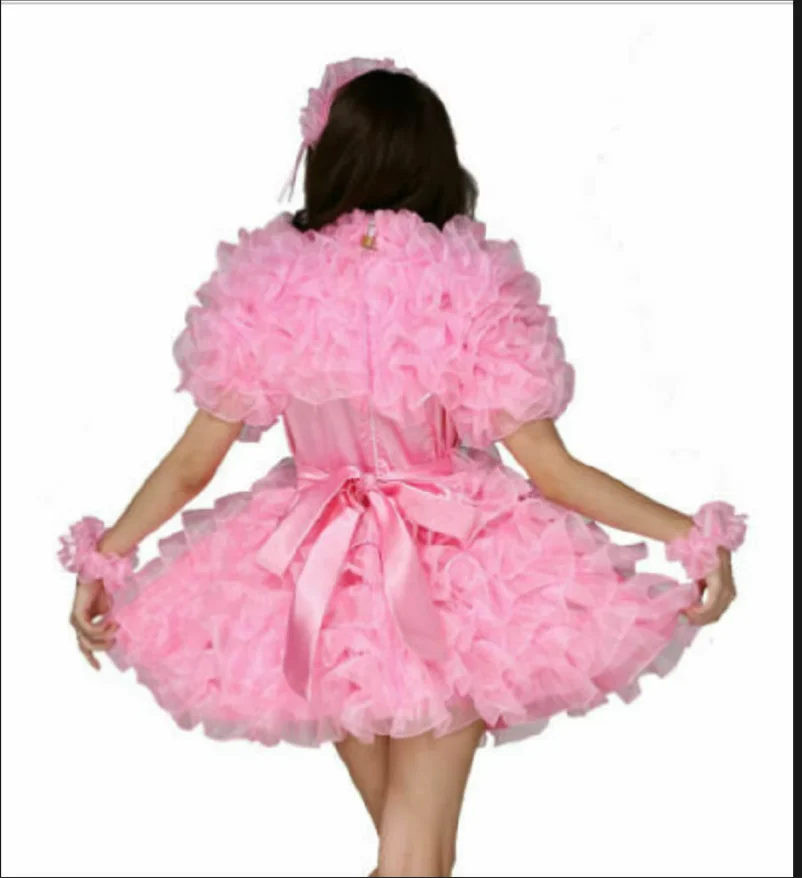 New Hot Selling Sissy Lockable Fluffy Bubble Sleeve Maid Dress Pink Satin Organza Multi-layer  Clothing Customization