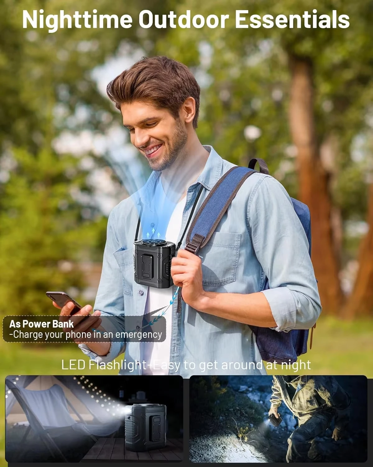 Портативный уличный поясной вентилятор емкостью 4000 мАч, подвесной на шею, сильный ветер со светодиодной подсветкой Power Bank для аварийного наружного кондиционера