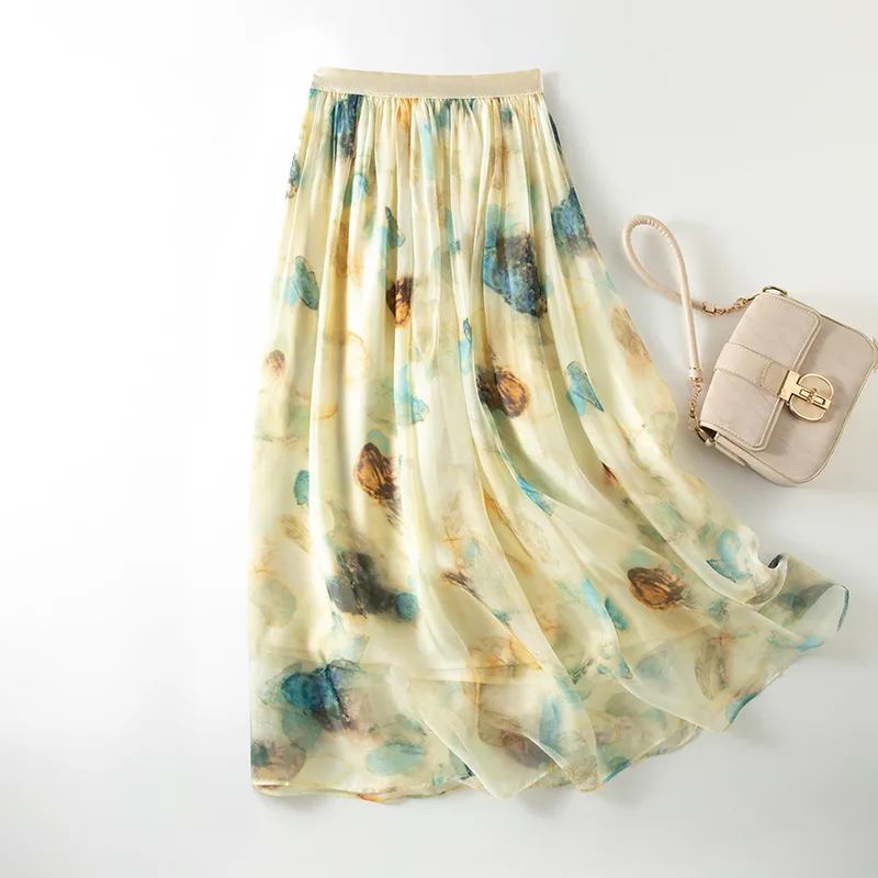 Winsleter-100%Silk Elegant Skirts, Elastic Waist Printed, Women Beach Vacation Temperament A-line Skirt, 2026 Summer B65312CC