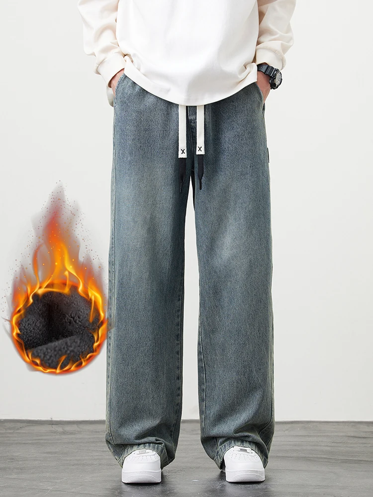 الرجال الشتاء الدافئة الجينز الصوف مبطن سميكة معزول الدنيم السراويل واسعة الساق مستقيم الحرارية فضفاض الجينز الآسيوية حجم L-5XL