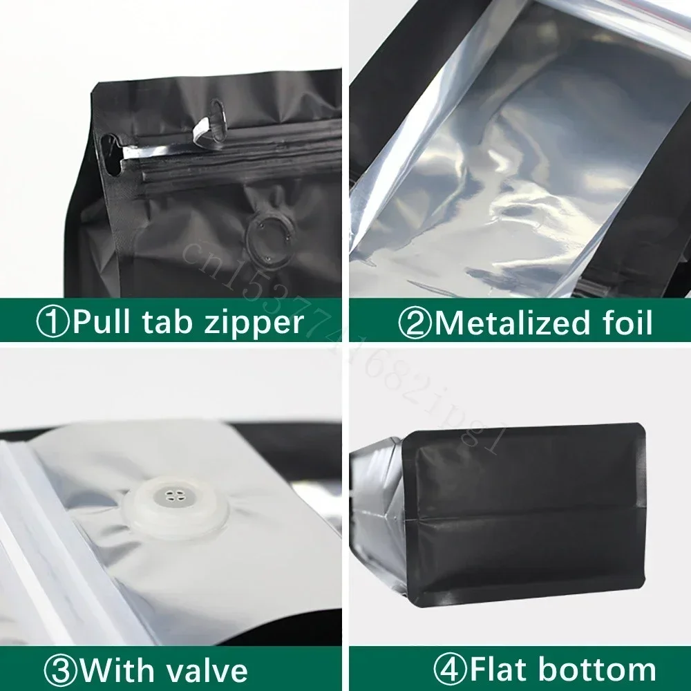 100PCS Aluminum Foil 16OZ 500g Coffee Bean Powder Packaging Bag with Valve Flat Bottom Tea Chocolate Powder Storage Pouches