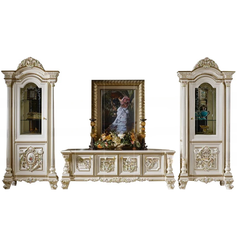 

French Palace Solid Wood Carved TV Living Room Luxury Painted Floor Cabinet Storage Wine