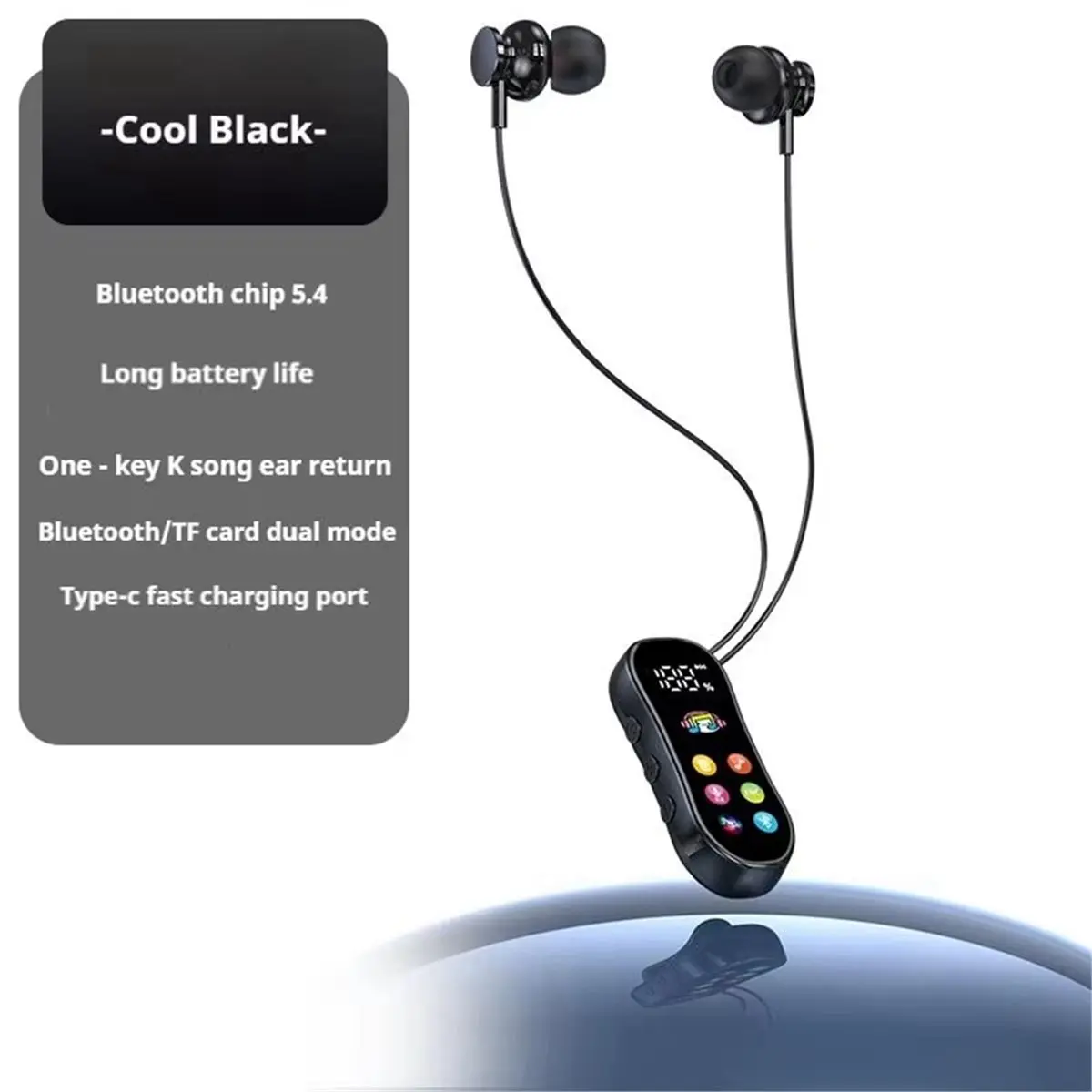 DT75BG Lavalier HD Screen Bluetooth Headphones 30H Play Noise Reduction Wireless Earphones with HD Mic TF Card Mode