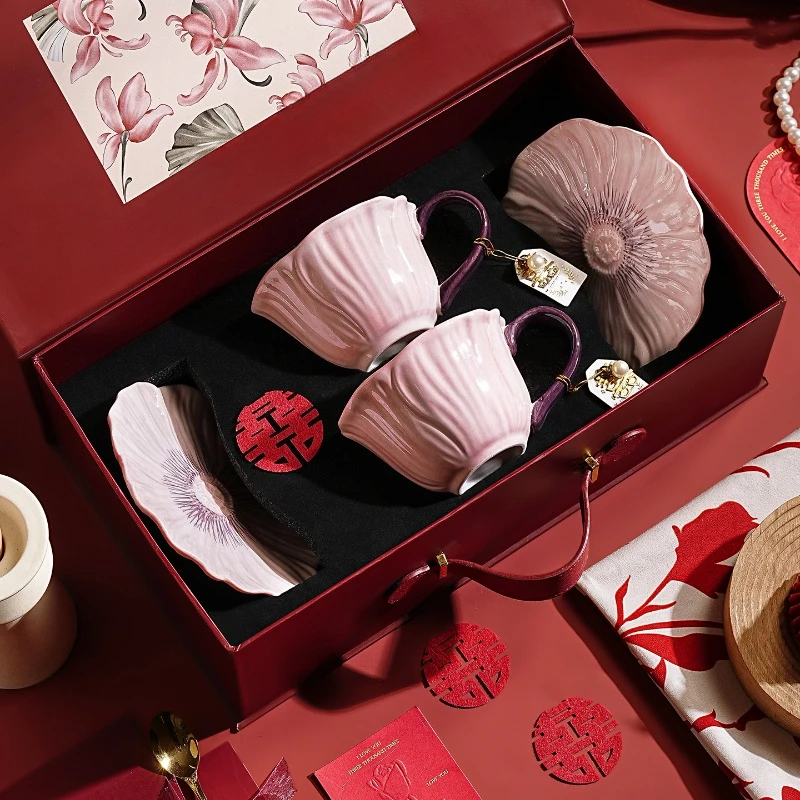 Keramik-Kaffeetassen- und Untertassenset im französischen Stil, Hochzeitsgeschenk, Brautgeschenkbox