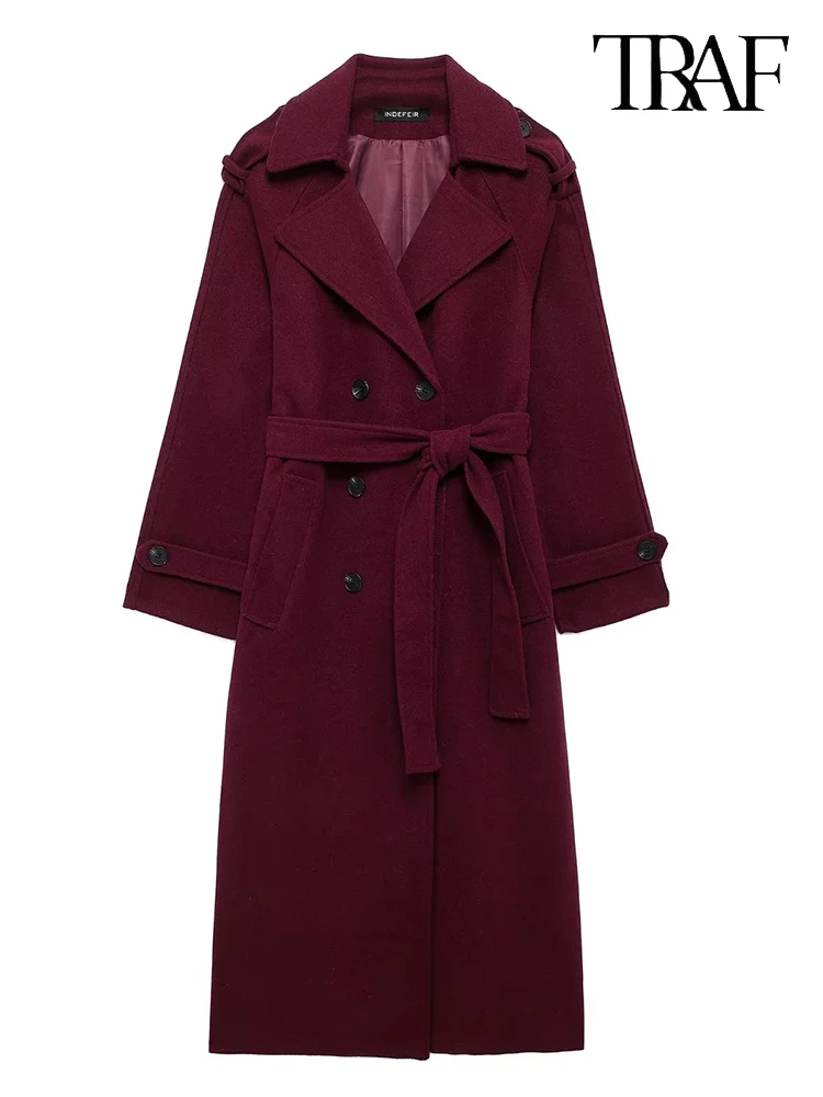 TRAF Women's Fashion 2024 fall and winter Europe and the United States retro temperament burgundy with belt lapel tweed coat