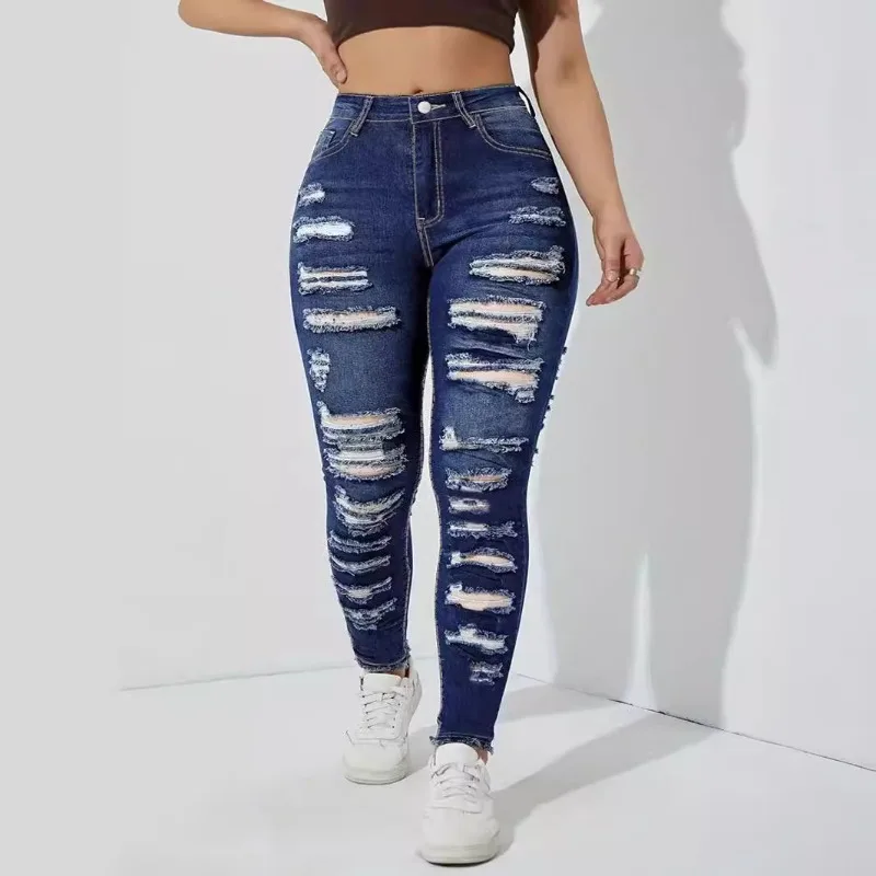 Calças rasgadas de borda áspera para mulheres, jeans de tamanho grande, jeans de cintura alta, lápis elástico