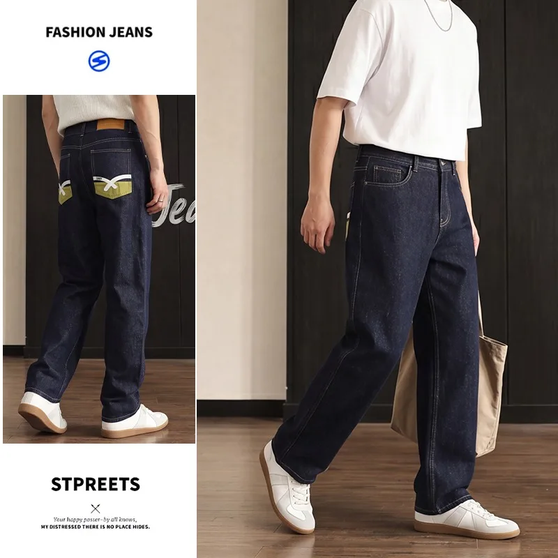 Men American Retro Dark Raw Indigo Cross Embroidery Straight Denim Pants Soft Loose Fit 2026 Summer Casual Jeans