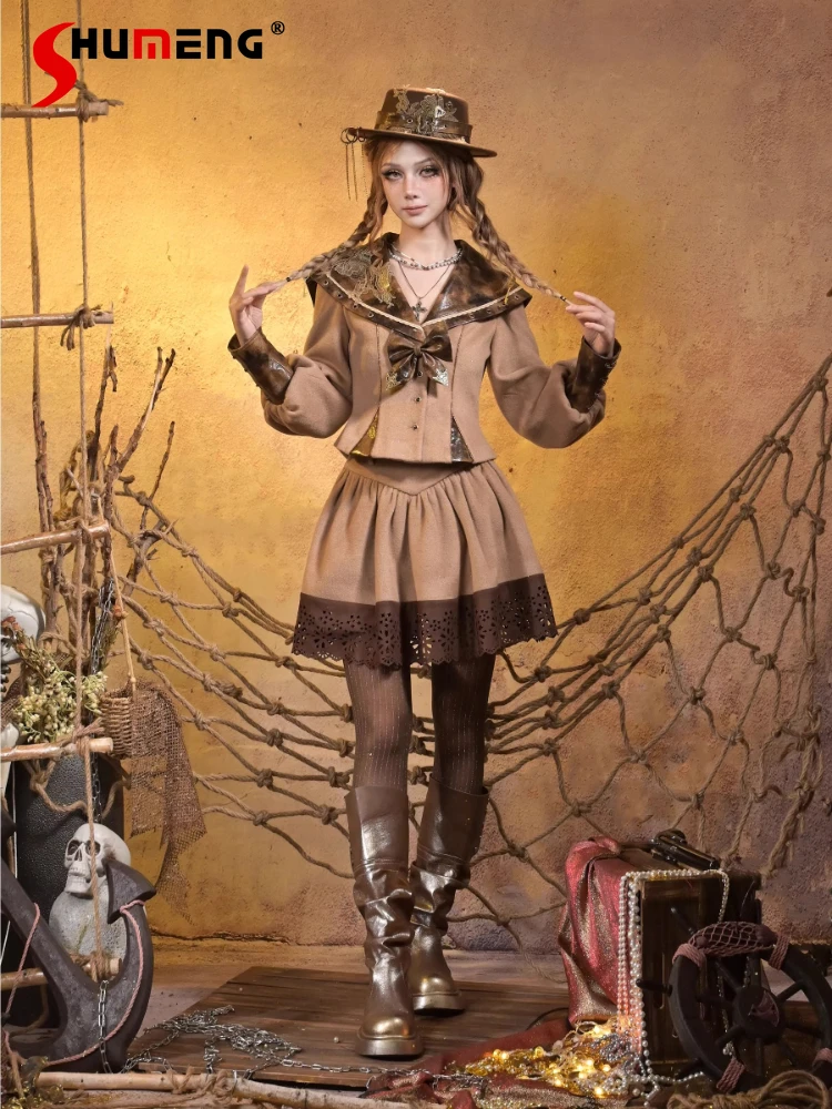 

Оригинальный дизайн, милый крутой модный комплект с юбкой в стиле панк, осенне-зимний новый комплект с темно-синим воротником для девочек, комплект с короткой курткой и юбкой