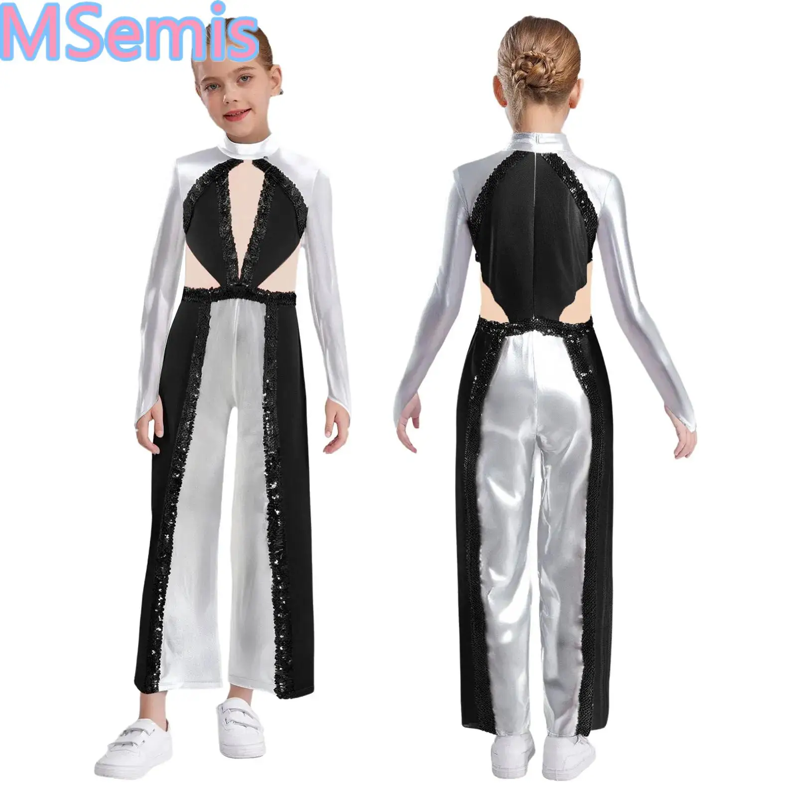 

Kids Girls Metallic Dance Jumpsuit Shiny Sequins Dance Jumpsuit Color Block Mock Neck Long Sleeve Mesh Patchwork Bodysuit