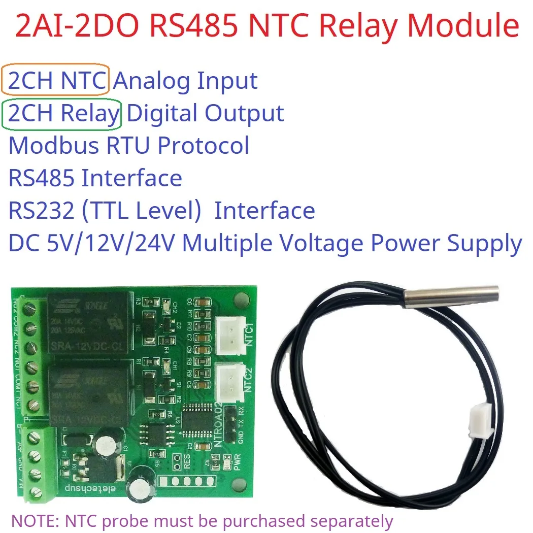 2AI-2DO NTC Relay RS485 RS232(TTL) Analog Digital Modbus Rtu Remote IO Module Temperature Input Relay Output NTROA02 Board