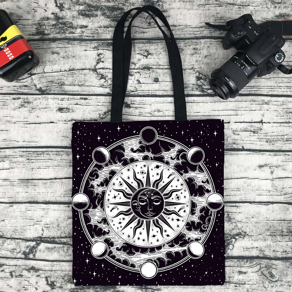 White Black Sun Moon Mandala Starry Sky Print Eco Tote Bohemian Shopper Gypsy Psychedelic Witchcraft Astrology Handbags Purses