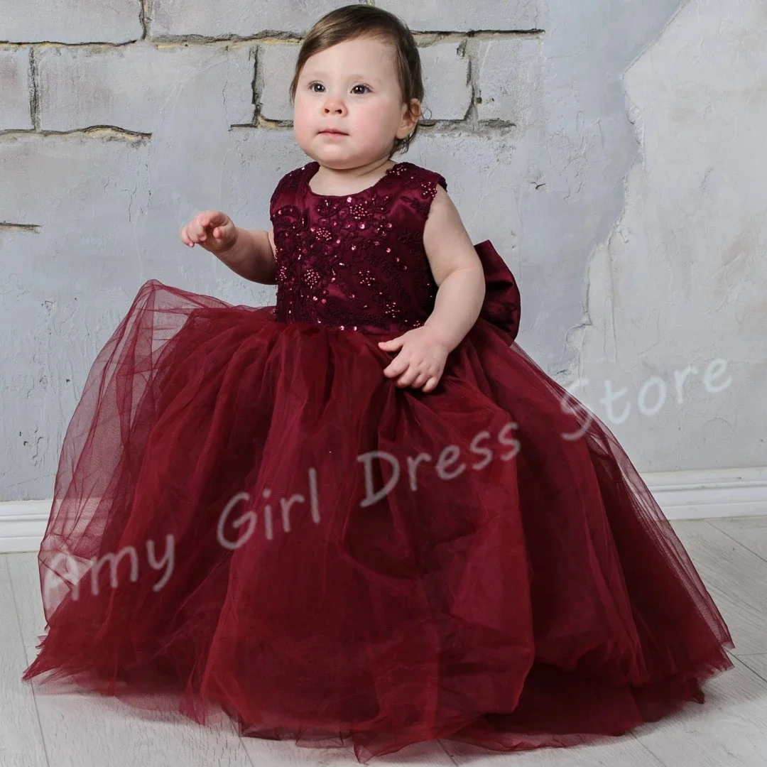 

Индивидуальные винно-красные платья с цветочным узором для девочек на свадьбу, аппликации, тюль с блестками и бантом, вечернее платье для дня рождения для малышей