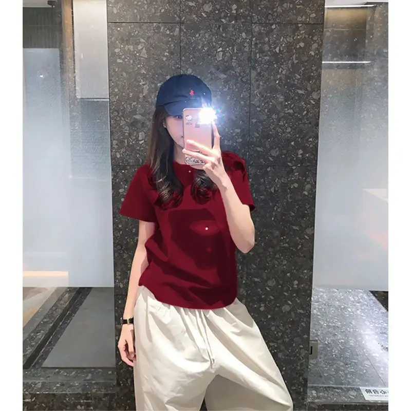 تي شيرت نسائي أنيق بأكمام قصيرة من القطن الخالص، تصميم فريد وعصري لفصل الصيف، جودة عالية، قطن كوري الطراز بقصة مستقيمة