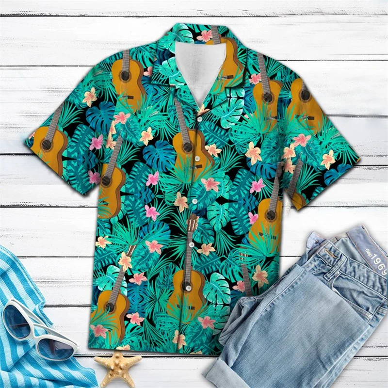 

Fashion Guitar Pattern Hawaiian Shirts For Men Loose Casual Summer Short Sleeve 3D Printed Shirt Summer Trendy Breathable Blouse