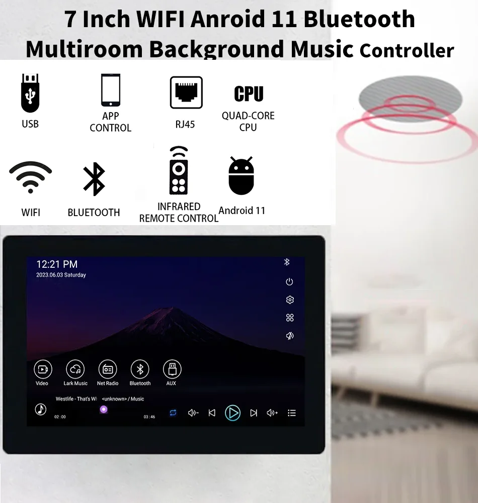 7 inch Android 11 Smart Home Background Music Panel Stereo Sound Google Play YouTube WIFI Bluetooth Audio In Wall Amplifier