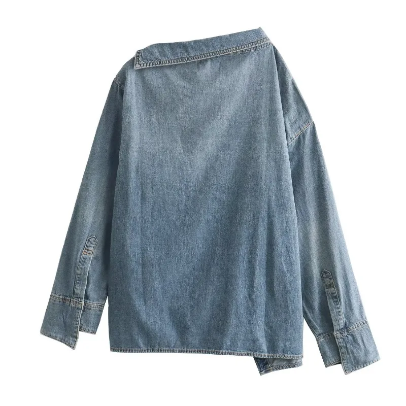 Luxury Women's Clothes Denim Shirt for Women Streetwear Asymmetric Lapel Slanted Hem Single-Breasted Gradient Distressed Blouses