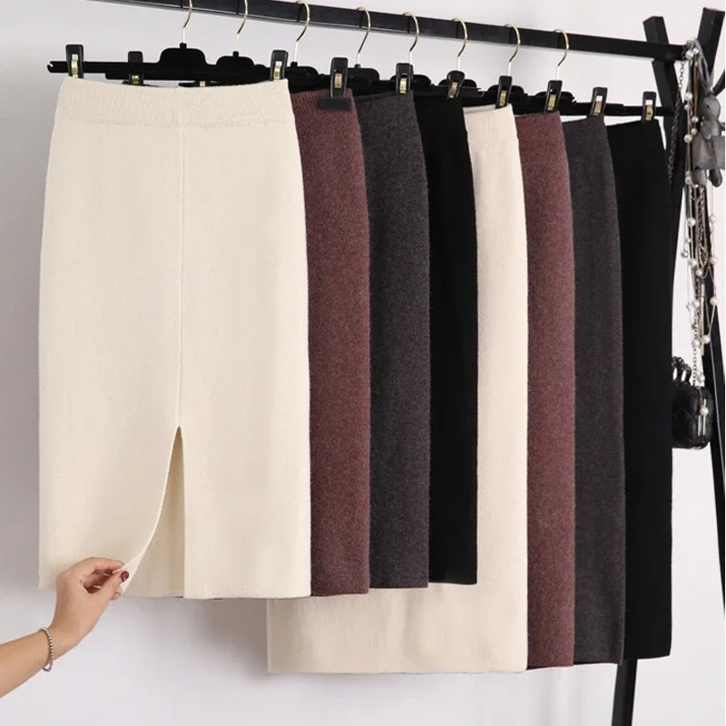 

Winter Thickening Wool Blend Split Mid Knitted Skirt Cashmere Warm Hip Slim Mid-calf Knit Skirts 2 Length 4 Colors