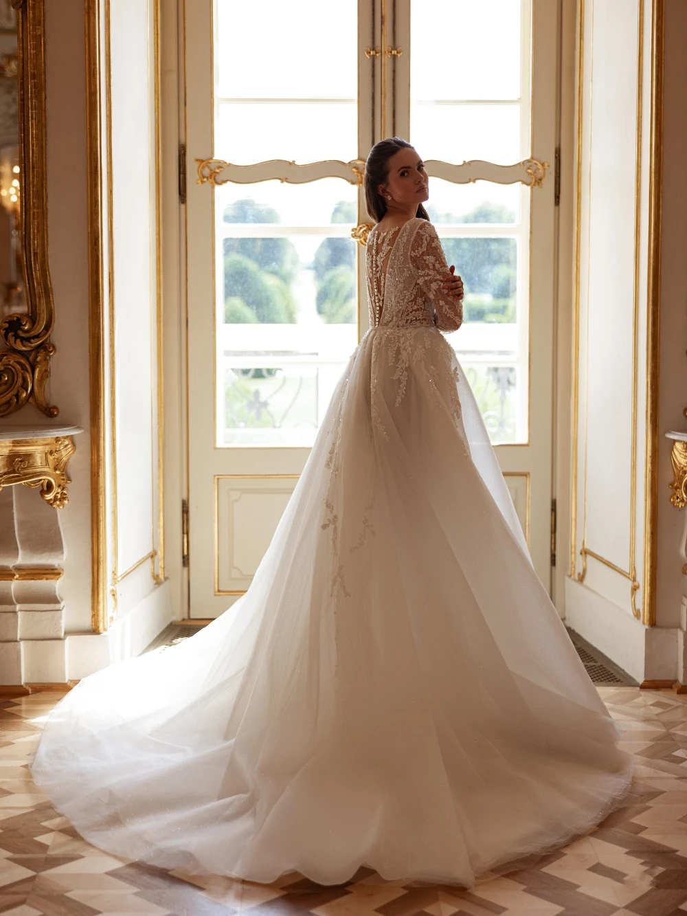 Robe de mariée trapèze en Tulle à paillettes de rêve, effet d'illusion, décolleté en v profond, robes personnalisées à manches longues pour mariée