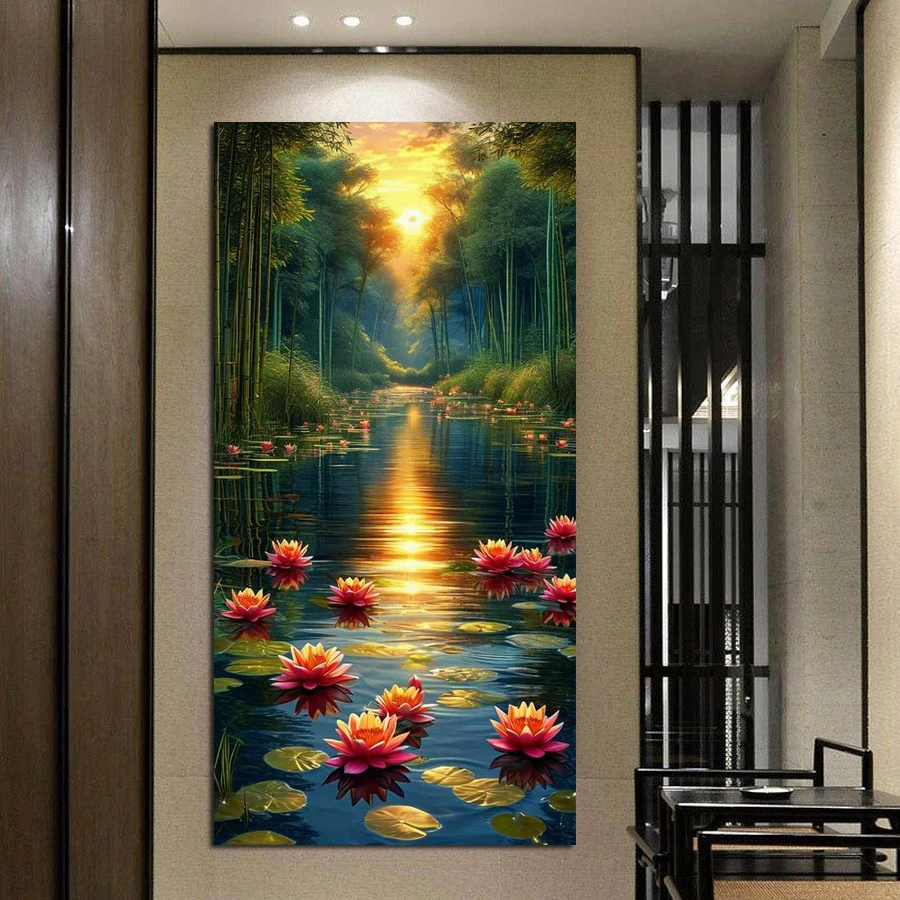 

Fullcang Sunset Bamboo Forest Pond Lotus Large Size Diy Diamond Arts Painting Scenery Full Mosaic Embroidery Picture Wall Decor