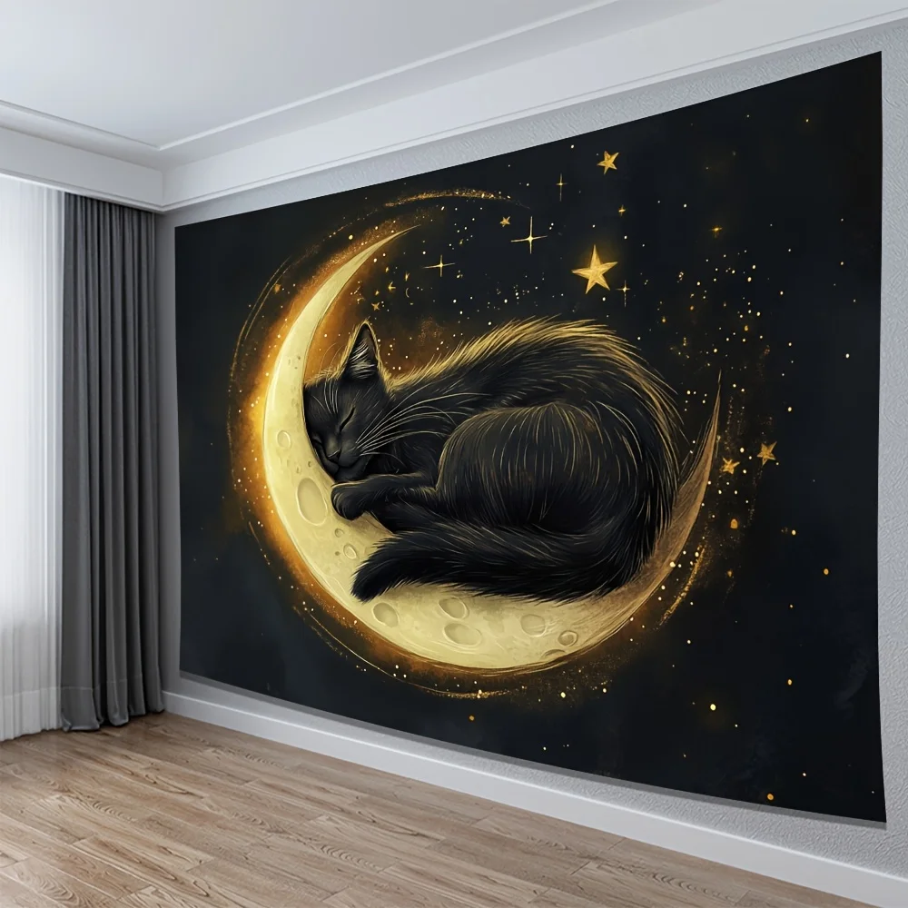 Celestial Cat Moon Tapestry Boho Star Night Wall Art Mystical Zodiac Decor Scandinavian Living Room Bedroom Hanging