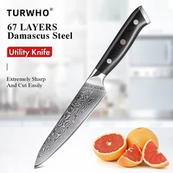 TURWHO 5 Inch Kitchen Utility Knife Damascus Steel Professional Chef Knife Peeling Fruit Knife Vegetable Meat Fish Cooking Tools