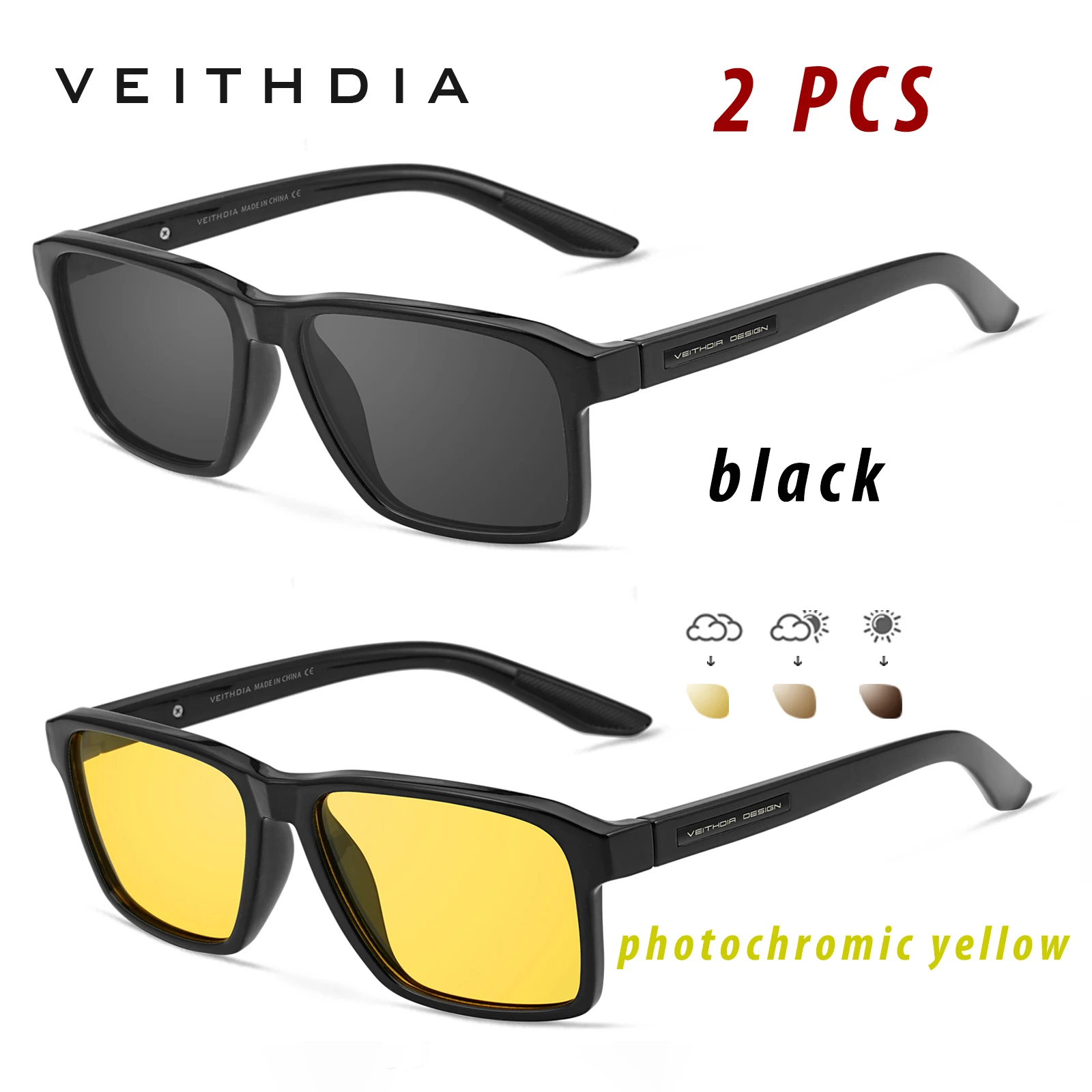 

VEITHDIA 2 Pcs Fashion Sunglasses Polarized UV400 Glasses Mirror Photochromic Gradient Lens Driving Eyeglasses For Male D7919