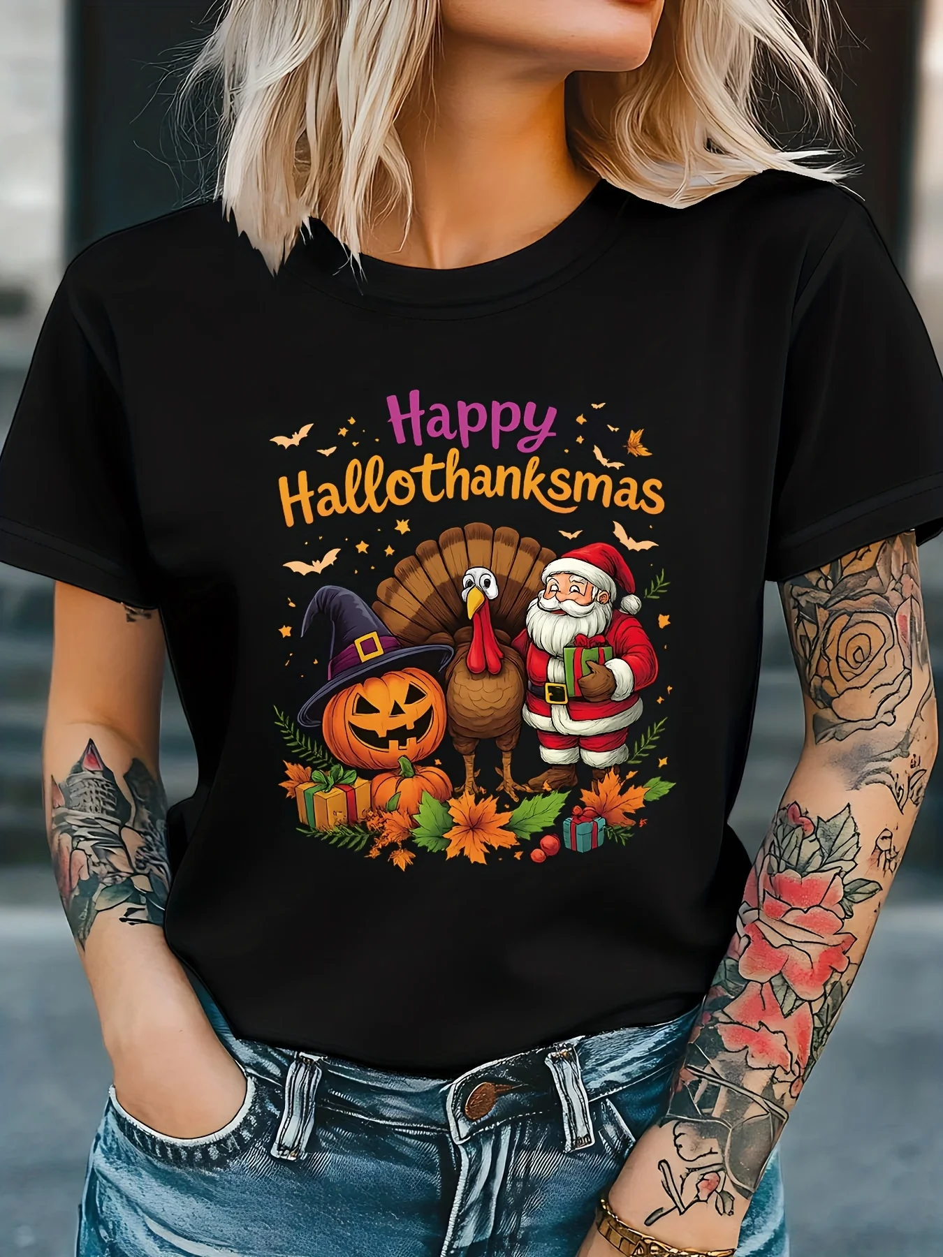 

Women's Happy Hallothanksmas t Shirt 3 in 1 Halloween Thanksgiving & Christmas Pumpkin Turkey Santa Graphic Tee Loose Fit S