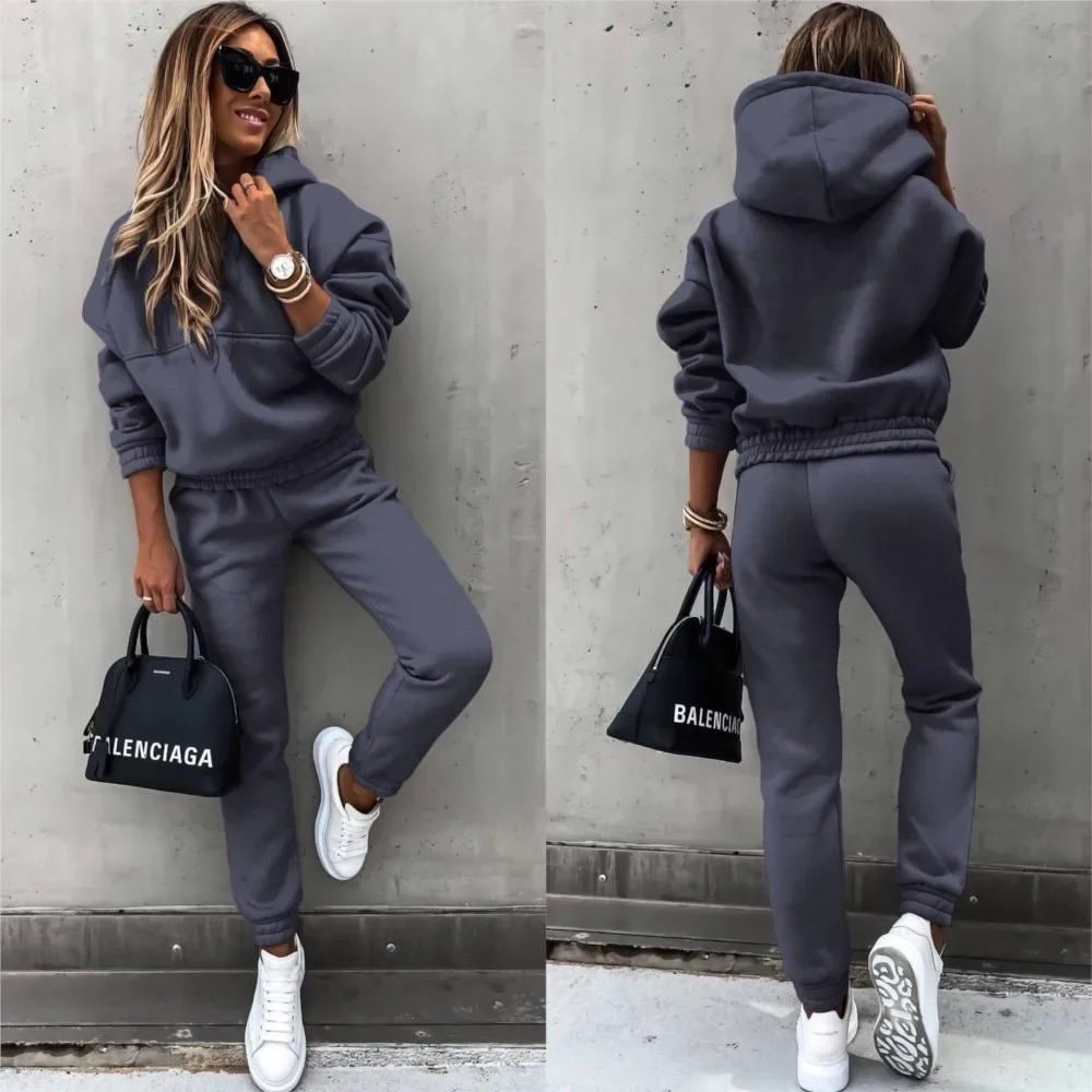 Autumn Winter New Solid Color Long Sleeve Hoodie Women's Casual Suit Fashion Loose Sports Hoodie + Small Foot Pants 2 Piece Set