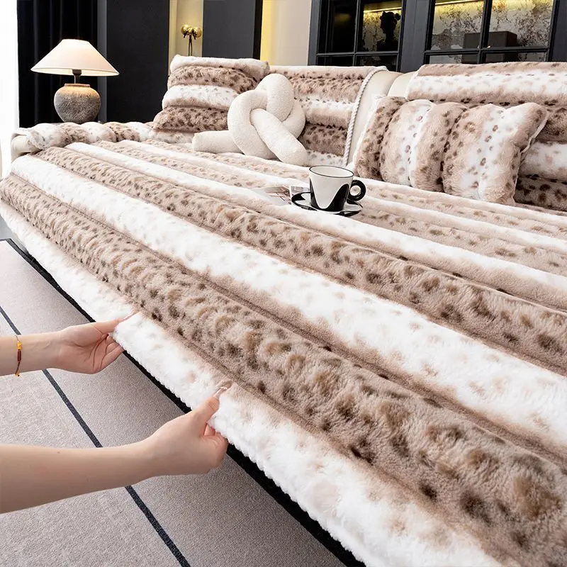 

Подушка для дивана с цветными блоками из искусственного кроличьего меха, горизонтальные полосы, нескользящая подушка для сиденья, устойчивые к царапинам мебельные пылезащитные чехлы