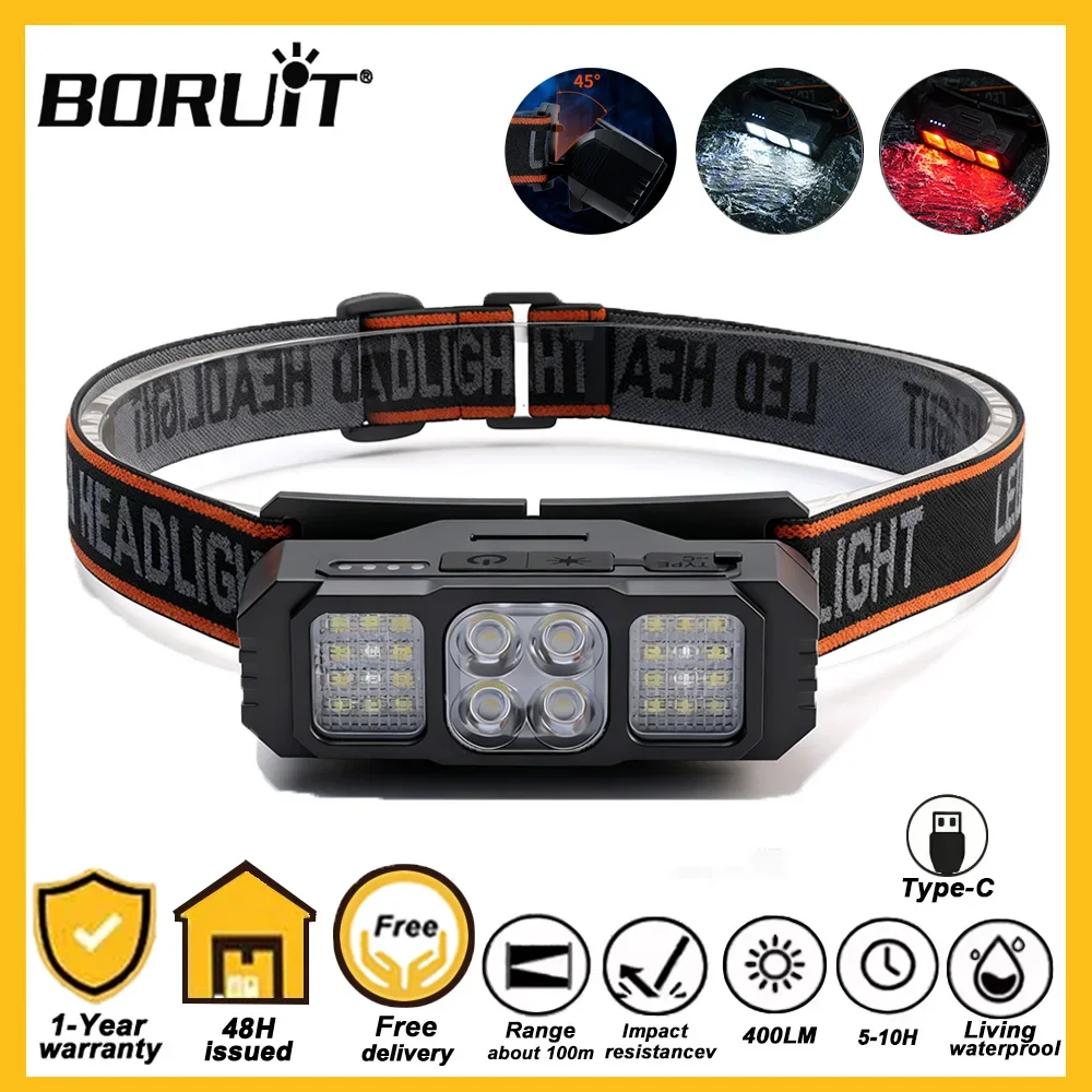 BORUiT LED Powerful Headlamp Rechargeable Type-C Flashlight Waterproof Head Light for Outdoor camping Lamp High Lumen Head Torch
