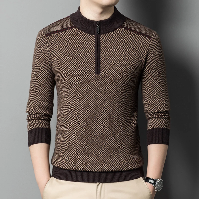 남성용 스플라이스 컬러 비즈니스 캐주얼 슬림핏 지퍼 풀오버 스웨터, 두꺼운 니트 아빠 스웨터, 가을 겨울 의류 상의