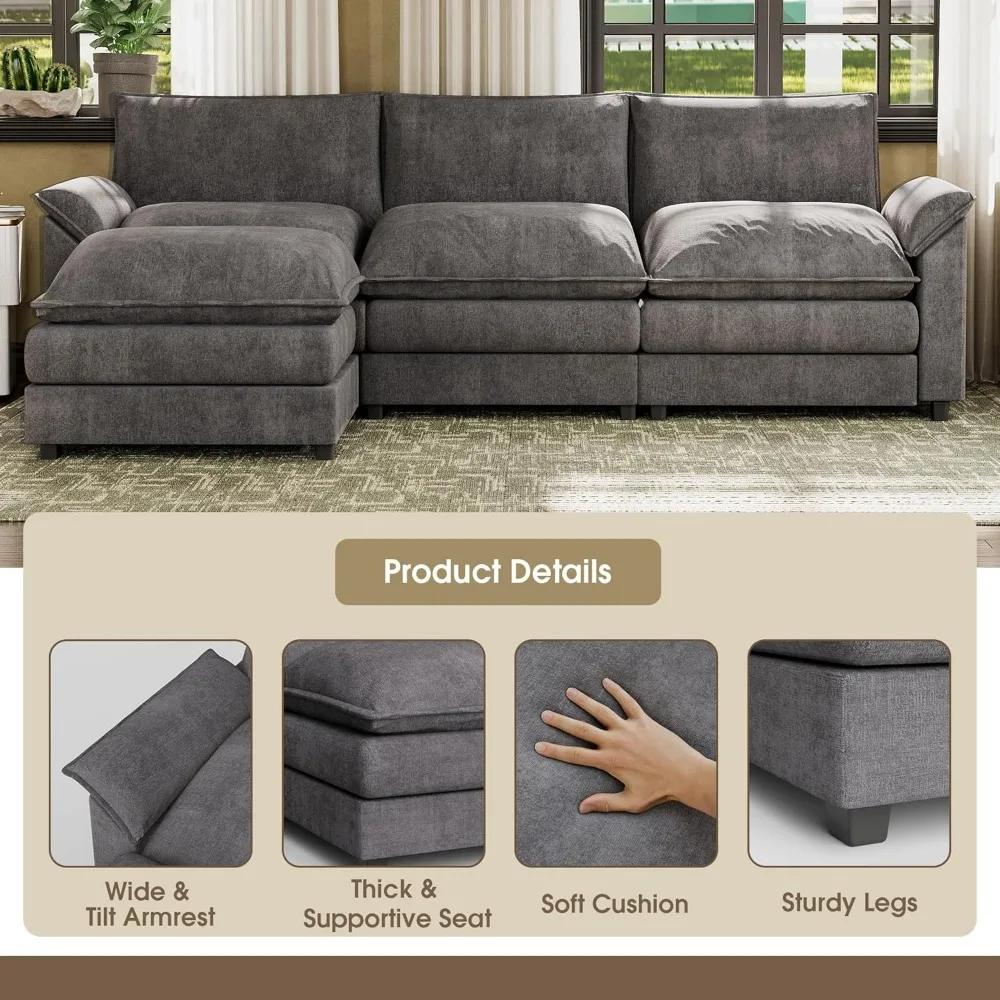 119” Sectional Sofa Modern Deep Couch with Reversible Ottoman, L-Shaped Chenille Fabric Modular Sofa Sleeper Comfy, Living Sofas