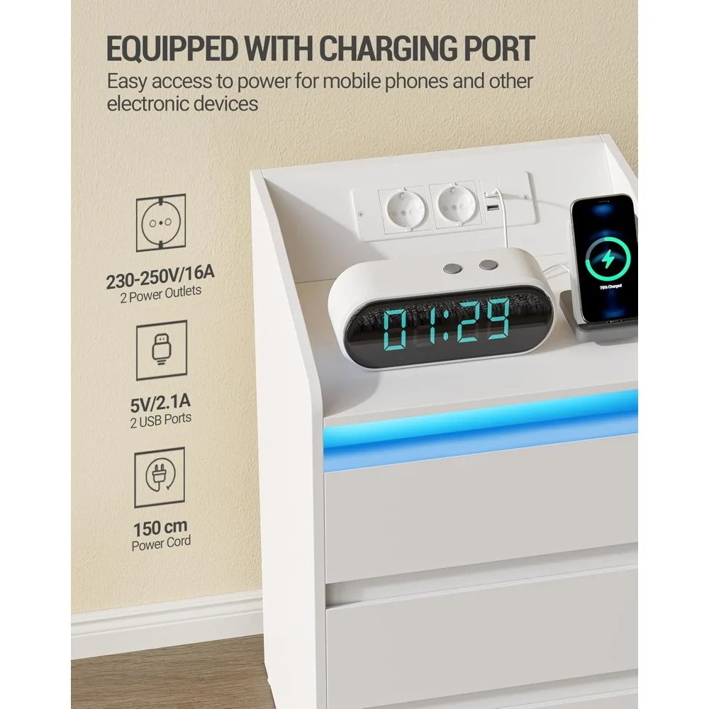 Mesilla de Noche de 3 Cajones، Mesa Auxiliar con Estacional de Carga y LED #3