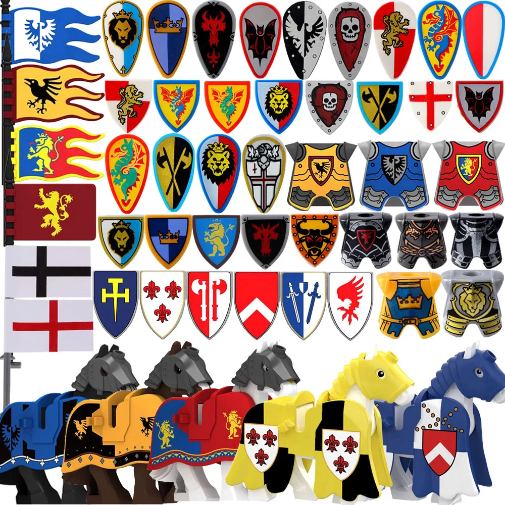 Mittelalter licher roter Löwe schwarzer Adler Schloss soldat Ritter Moc Bausteine Pferde halterung Figur Weste Schild Rüstung Flagge Spielzeug