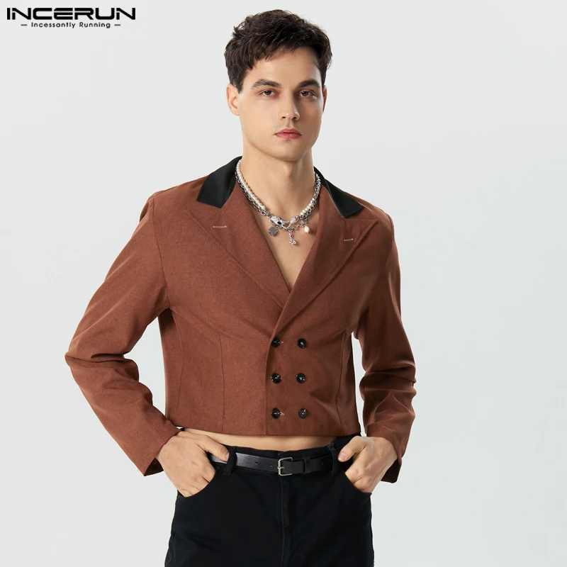 

INCERUN Tops 2023 Handsome Mens Cropped Splicing Color Contrast Suit Coats Fashionable Well Fitting Double Breasted Blazer S-5XL