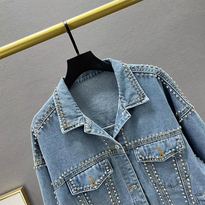 Giacca di jeans con perline con strass per donna Giacche autunnali alla moda High Street Cappotto lucido femminile con risvolto allentato americano