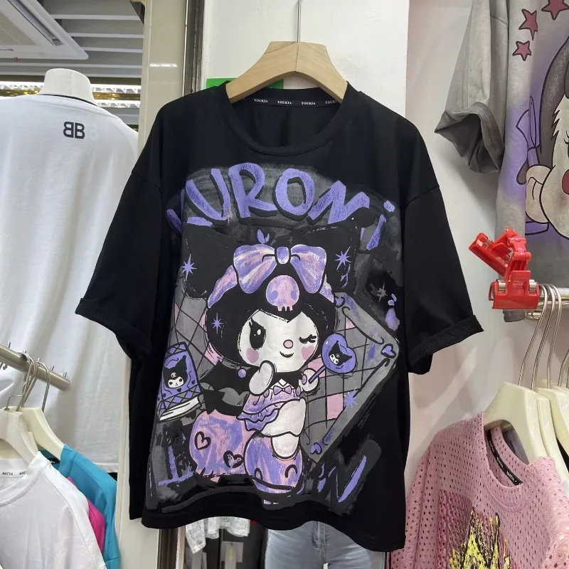 

Негабаритная корейская модная футболка с короткими рукавами и американским рисунком Куроми, свободные черные топы для женщин, летняя женская одежда